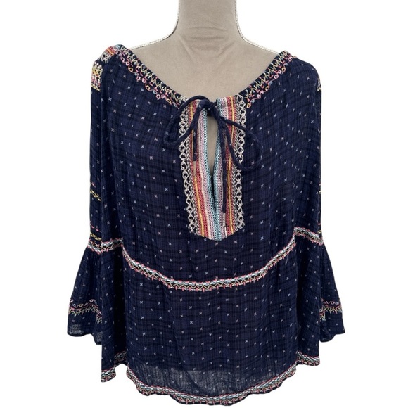 Free People Talia Embroidered Blouse Navy Size Small Boho Top Festival Flowy - Picture 3 of 13